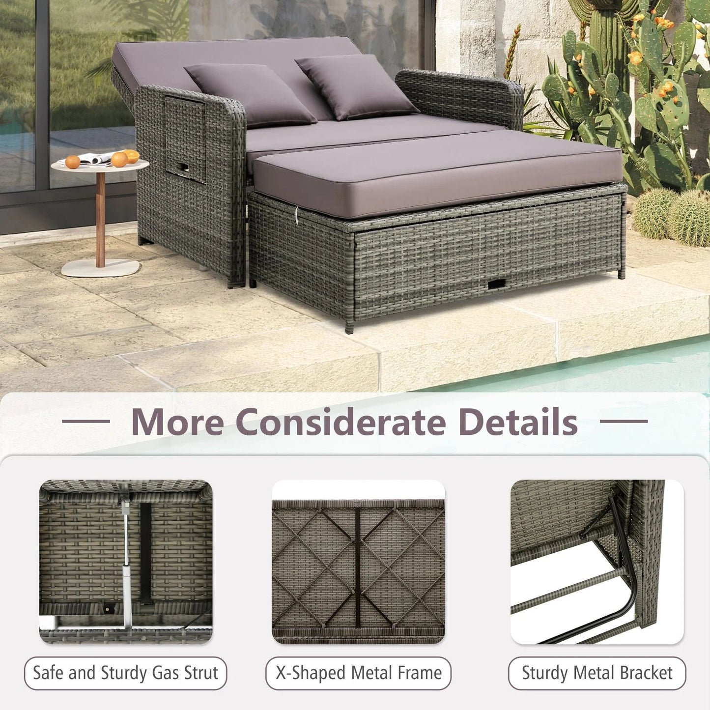 Patio Rattan Daybed Set with Multipurpose Ottoman and Retractable Side Tray