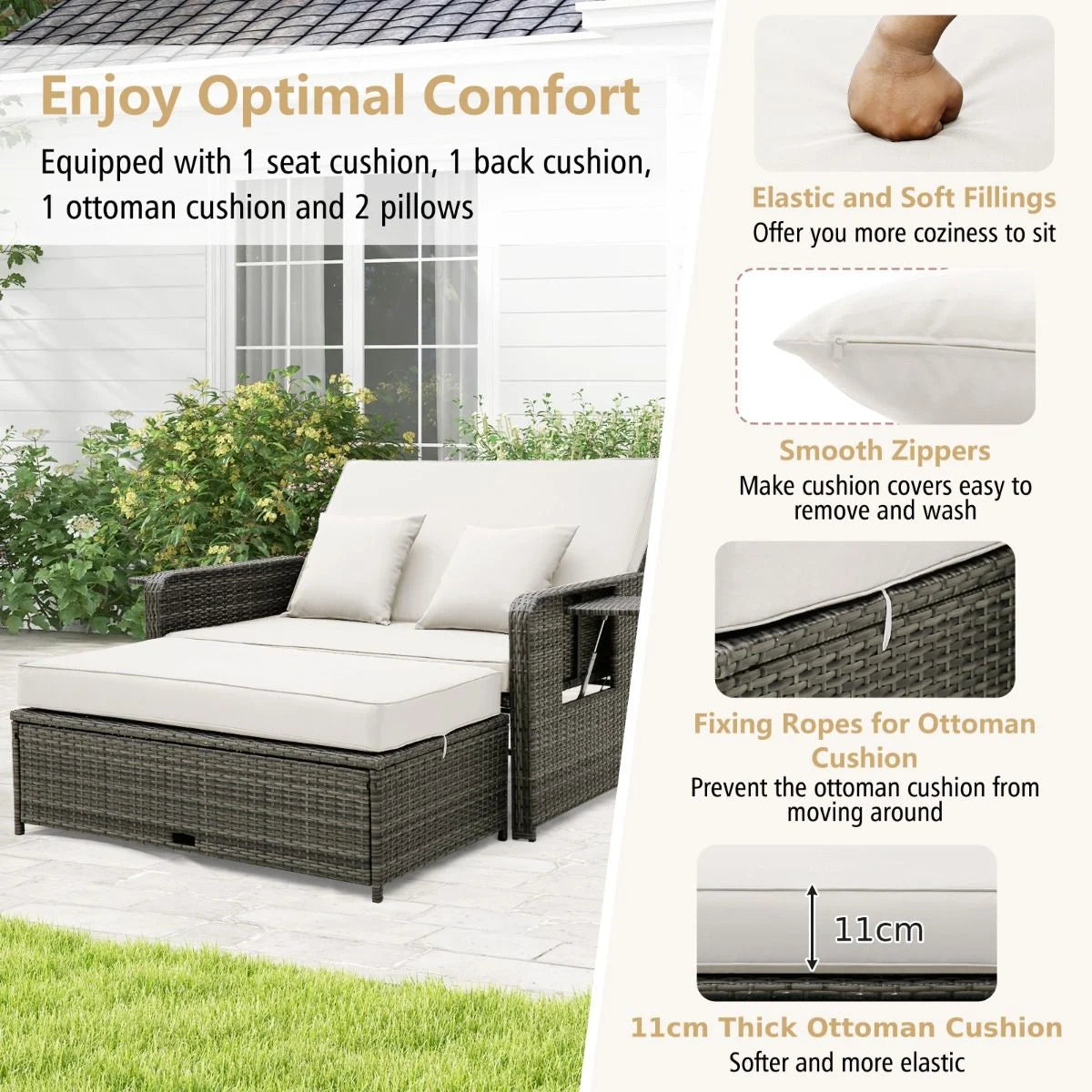 Patio Rattan Daybed Set with Multipurpose Ottoman and Retractable Side Tray