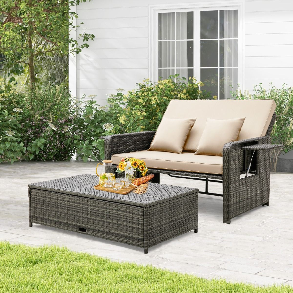 Patio Rattan Daybed Set with Multipurpose Ottoman and Retractable Side Tray