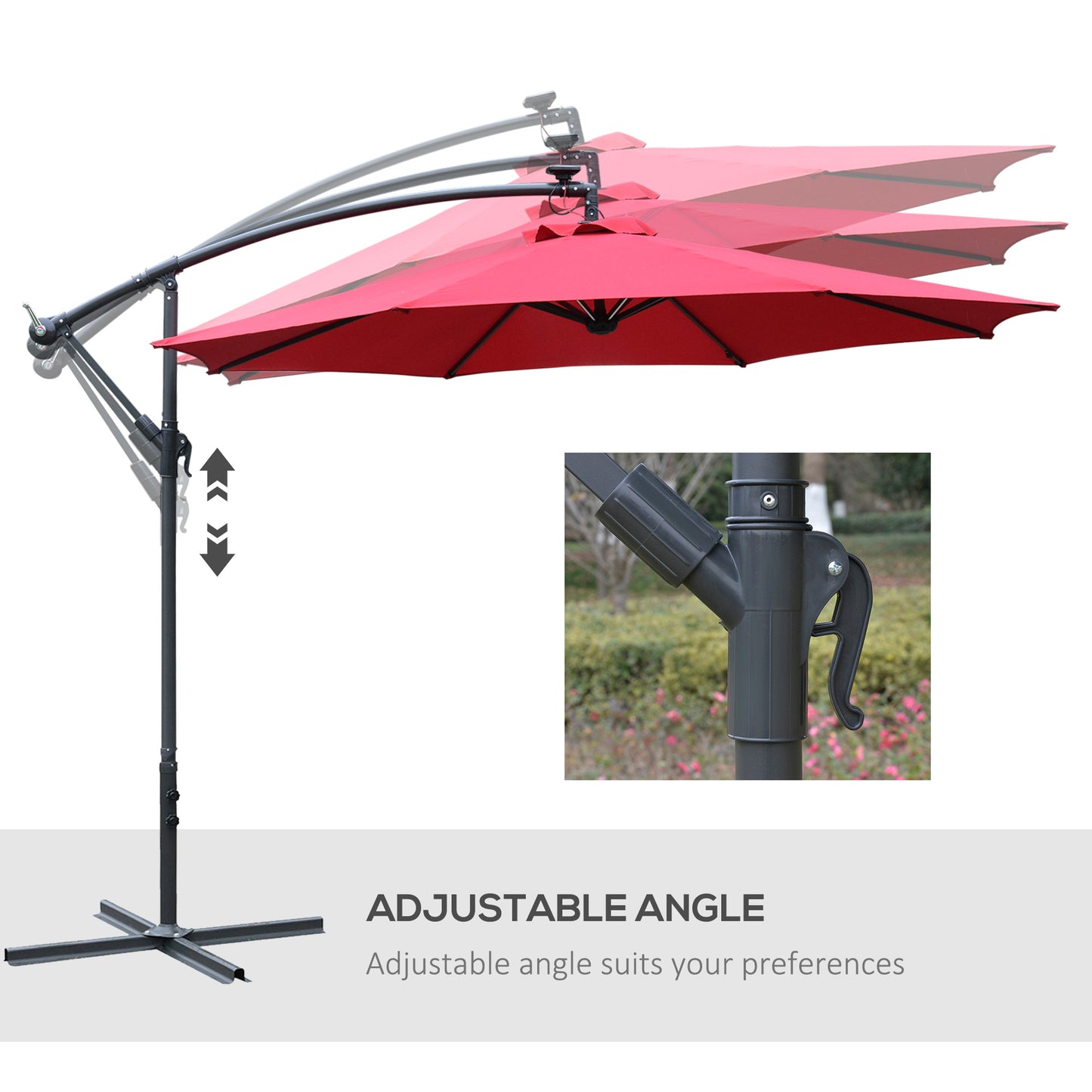3(M) LED Patio Banana Umbrella Cantilever Parasol W/ Solar Lights Crank Handle