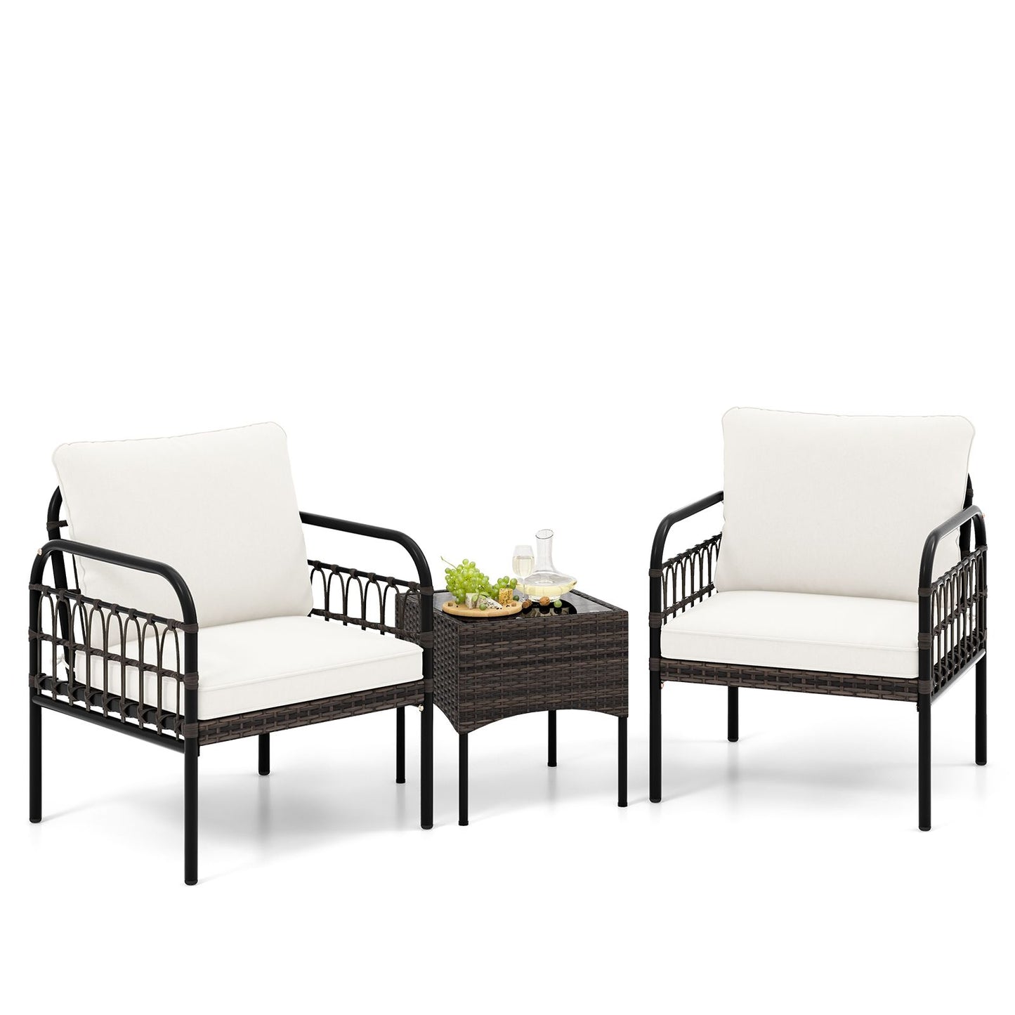 3 Pieces Patio Wicker Furniture Set with Cushioned Chairs and Tempered Glass Coffee Table