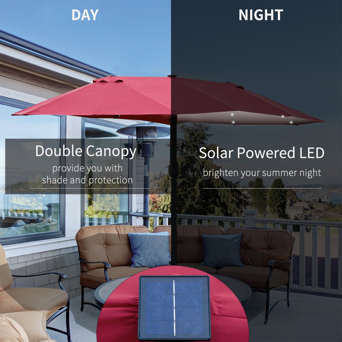 4.4M Double-Sided Sun Umbrella Patio Parasol with LED Solar Lights for Garden