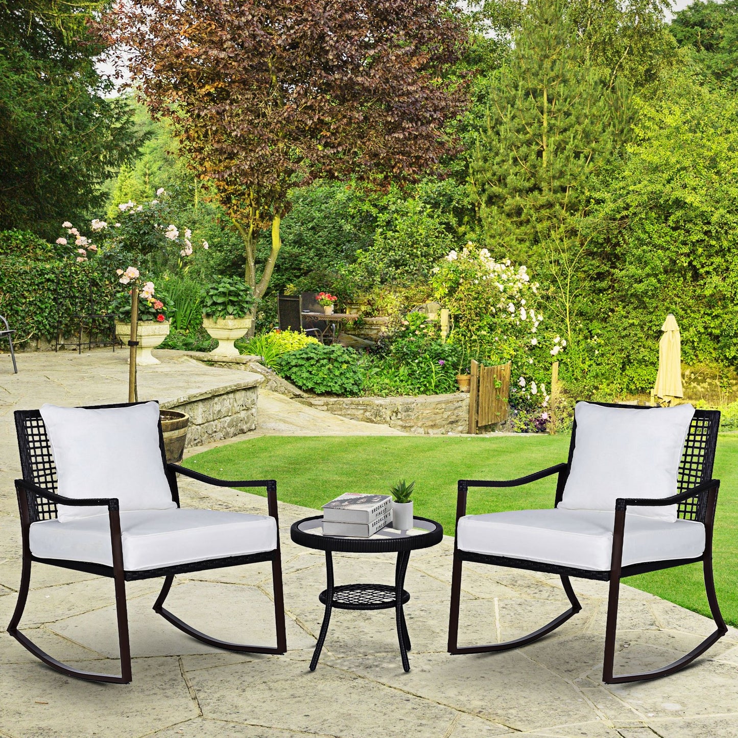 3 Pieces Rocking Chair Bistro Set Furniture Coffee Table Rattan Wicker Brown