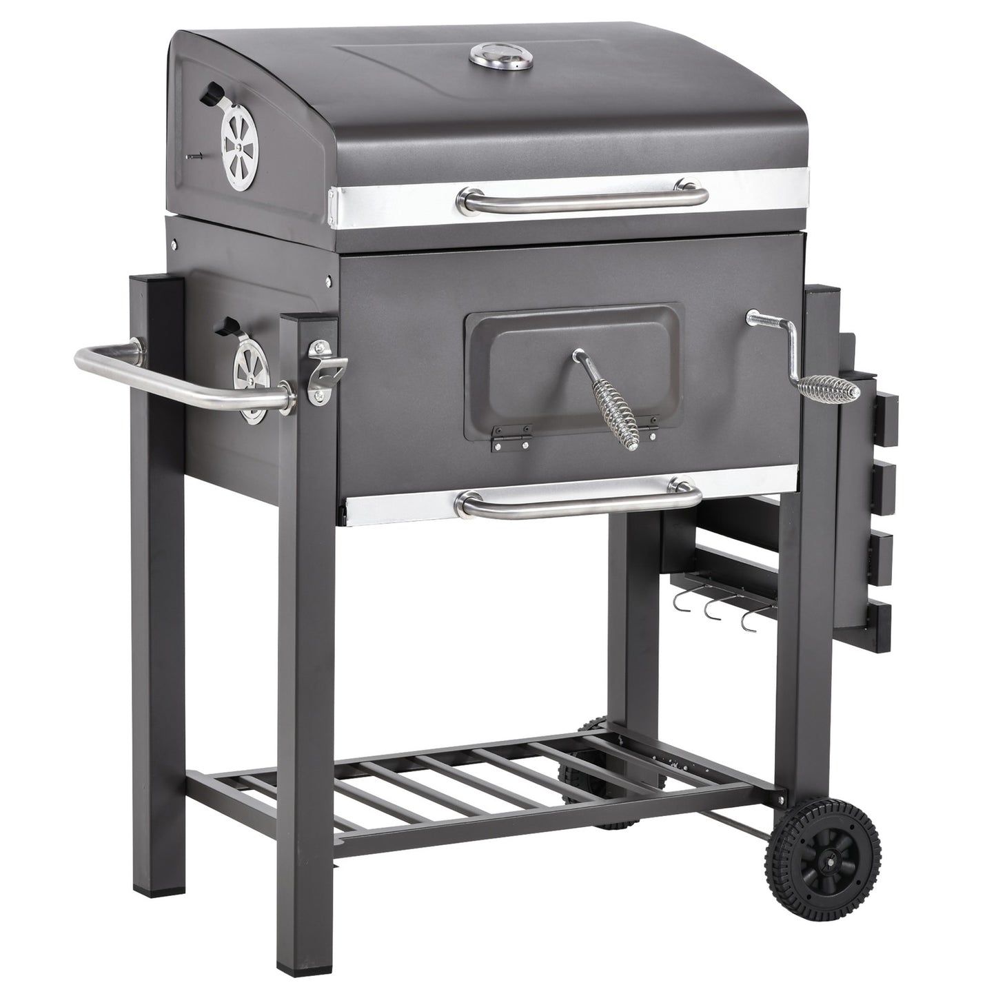 Charcoal Grill BBQ Trolley Wheels Garden Metal Barbecue W/ Shelf Grey