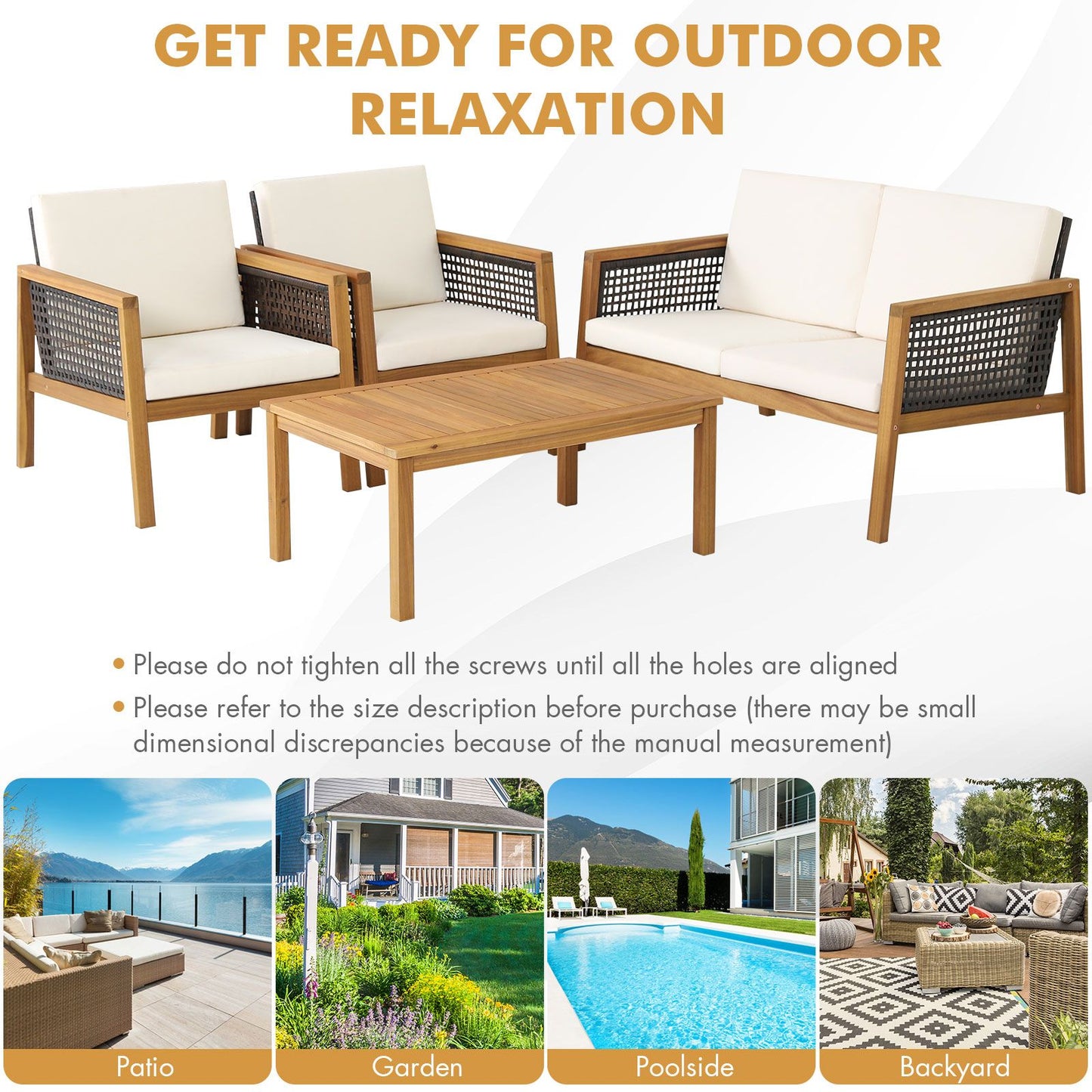 4-Piece Patio Acacia Wood Furniture Set with Removable Cushions
