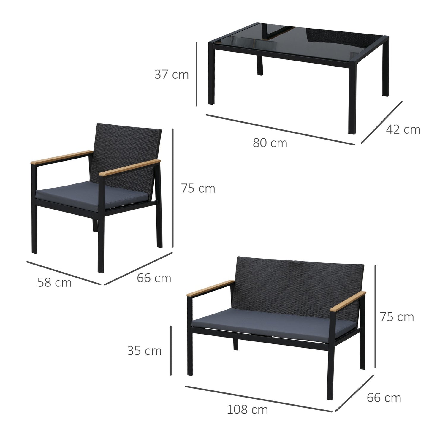 4 Pcs PE Rattan Furniture Set W/ 3 Cushioned Chairs Glass Tabletop Table, Black