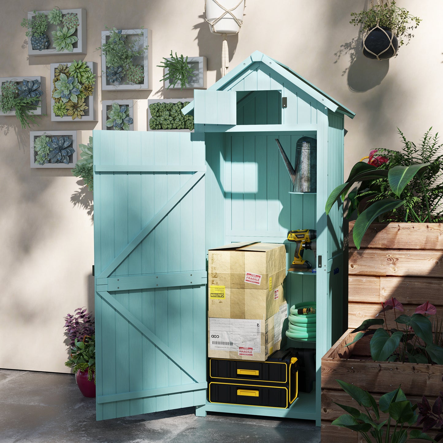 Garden Storage Shed 3 Utility Shelf Tool House W/ Asphalt Roof Lockabke Door