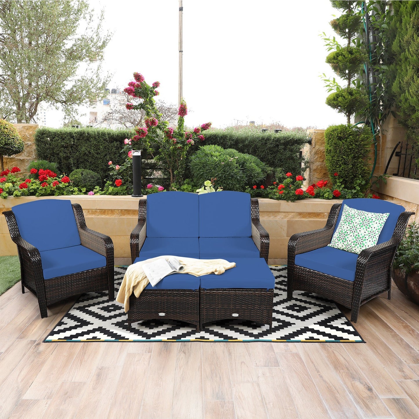 5 PCS Patio Furniture Set Outdoor Rattan Conversation Sofa Set Removable Cushion