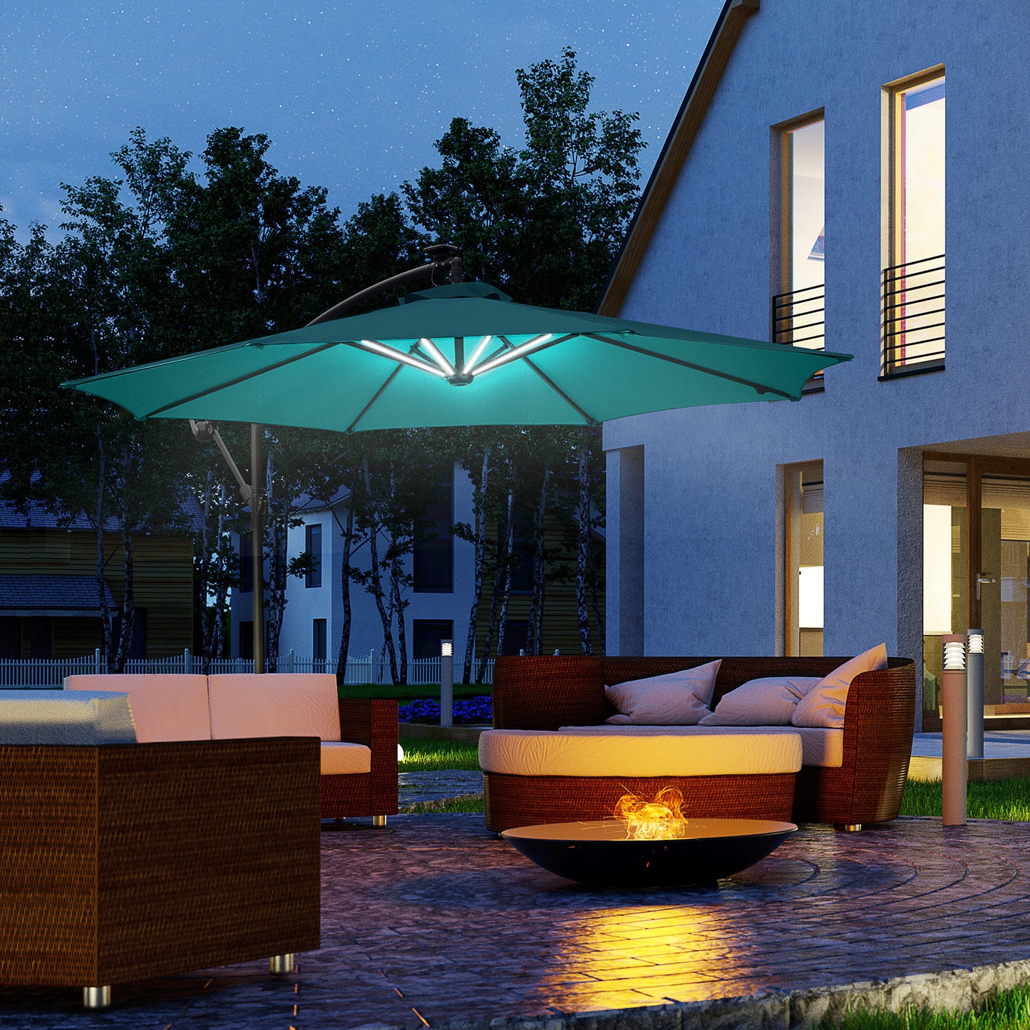 3(M) LED Patio Banana Umbrella Cantilever Parasol W/ Solar Lights Crank Handle