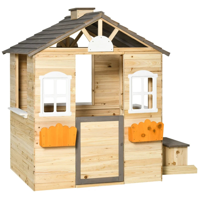 Outsunny Wooden Kids Playhouse Outdoor Garden Games Cottage, Windows, Bench, Service Stations, Flowerpot Holder