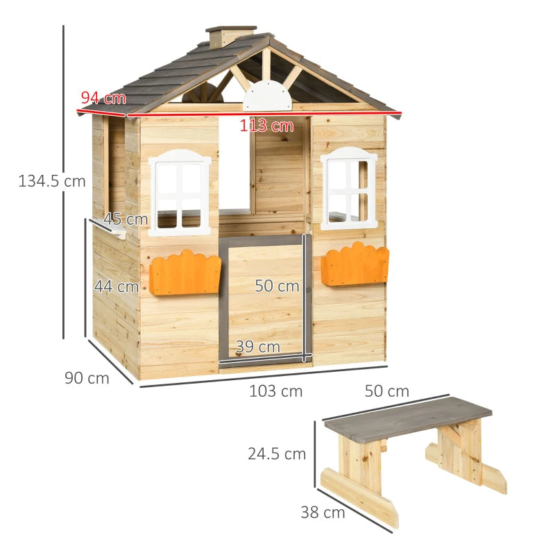 Outsunny Wooden Kids Playhouse Outdoor Garden Games Cottage, Windows, Bench, Service Stations, Flowerpot Holder