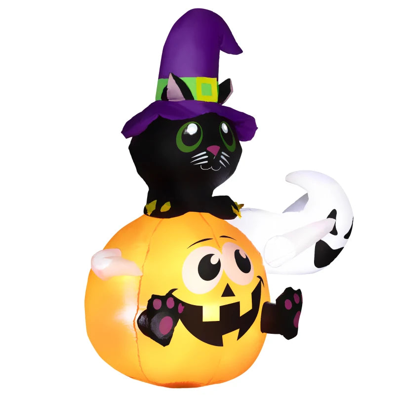 Outsunny 4.9FT Tall Halloween Inflatable Black Cat Riding Pumpkin with White Ghost