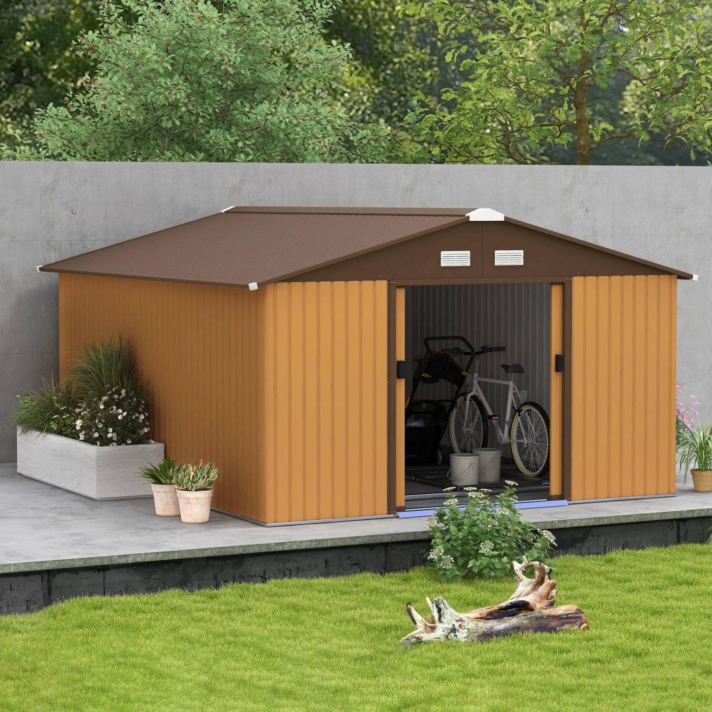 13 X 11Ft Garden Shed Storage with Locking Door and Foundation Kit, Light Brown