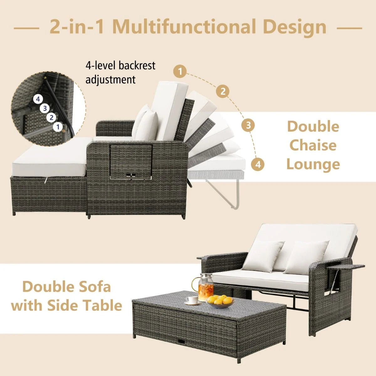 Patio Rattan Daybed Set with Multipurpose Ottoman and Retractable Side Tray