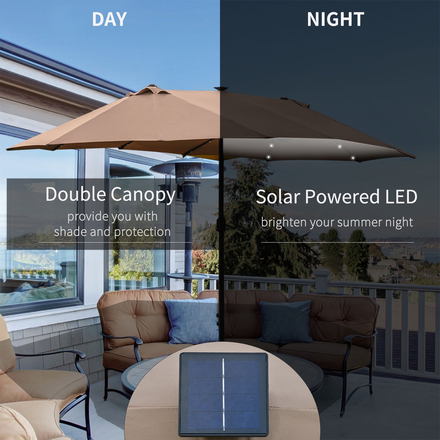 4.4M Double-Sided Sun Umbrella Patio Parasol with LED Solar Lights for Garden