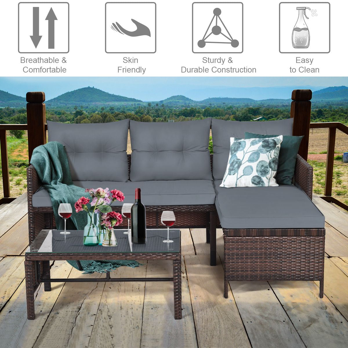 3 Pieces Patio Conversation Bistro Set with Washable Couch Cushion
