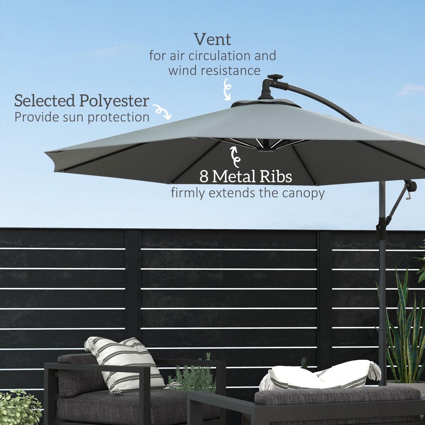 3(M) LED Patio Banana Umbrella Cantilever Parasol W/ Solar Lights Crank Handle