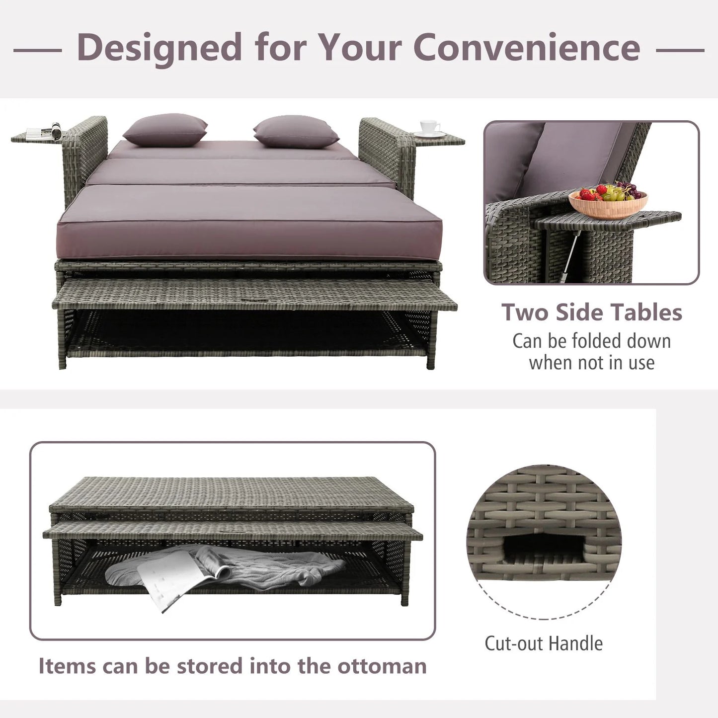 Patio Rattan Daybed Set with Multipurpose Ottoman and Retractable Side Tray