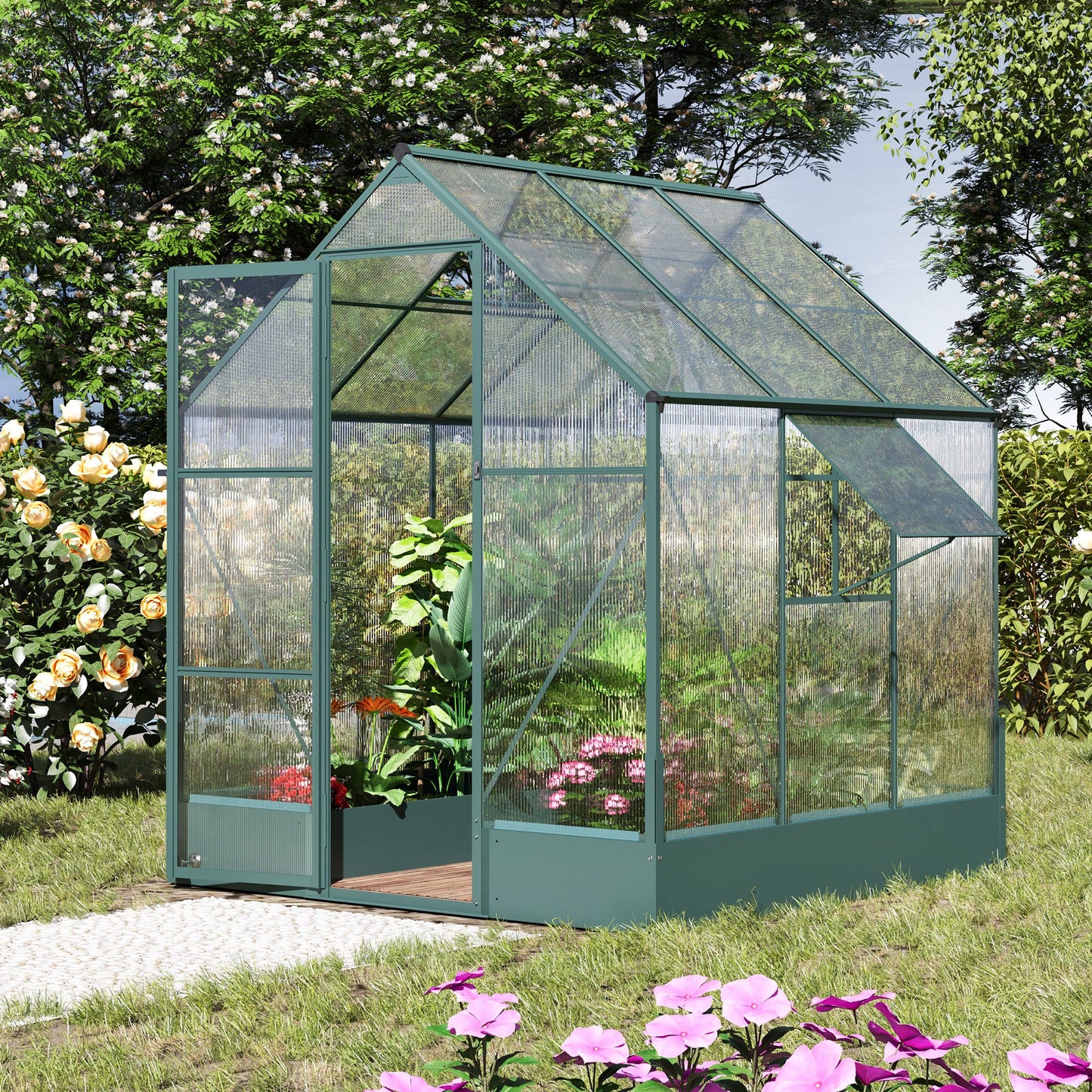 Walk-In Greenhouse Outdoor Polycarbonate Aluminium with Foundation Plant Bed
