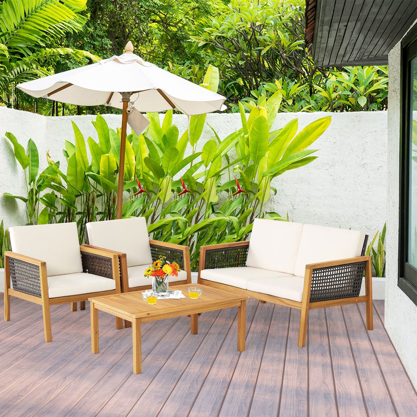 4-Piece Patio Acacia Wood Furniture Set with Removable Cushions