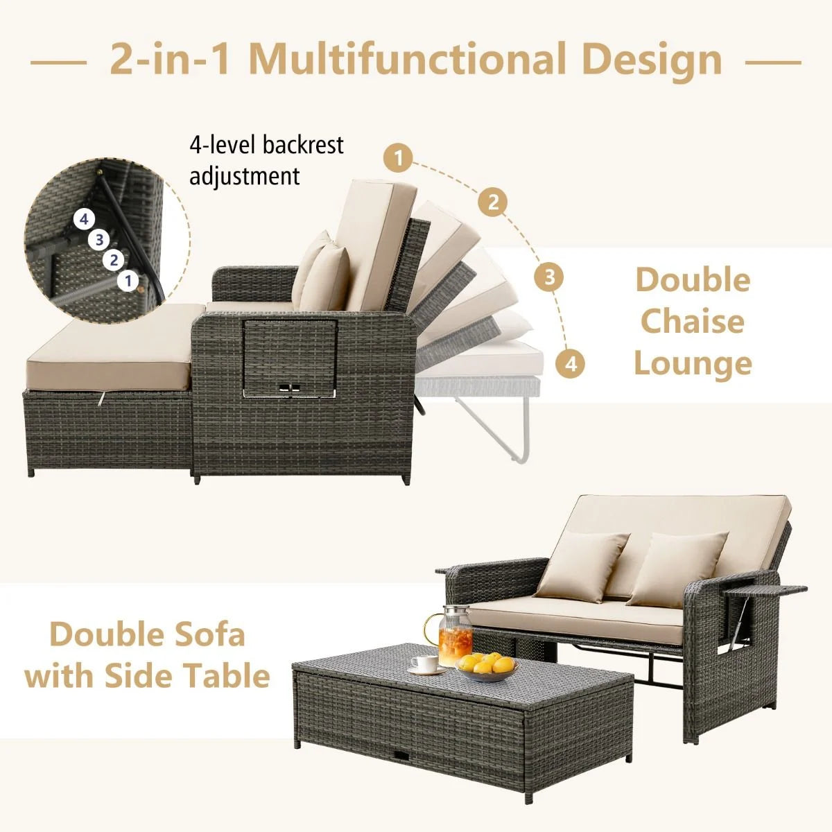 Patio Rattan Daybed Set with Multipurpose Ottoman and Retractable Side Tray