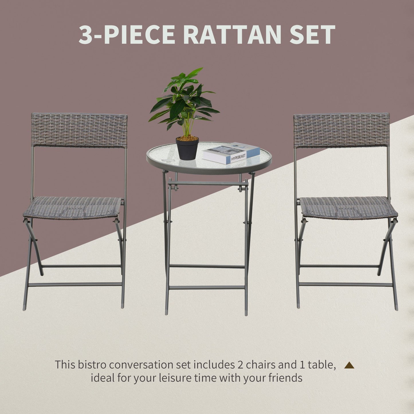 3 Pieces Bistro Set Rattan Furniture Garden Patio Square Table Steel Brown