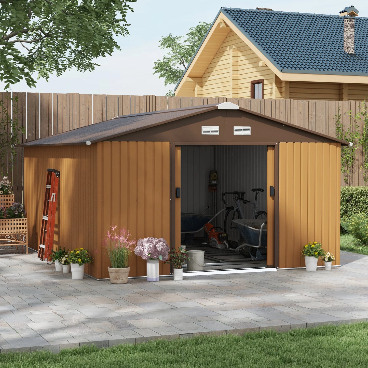 13 X 11Ft Garden Shed Storage with Locking Door and Foundation Kit, Light Brown