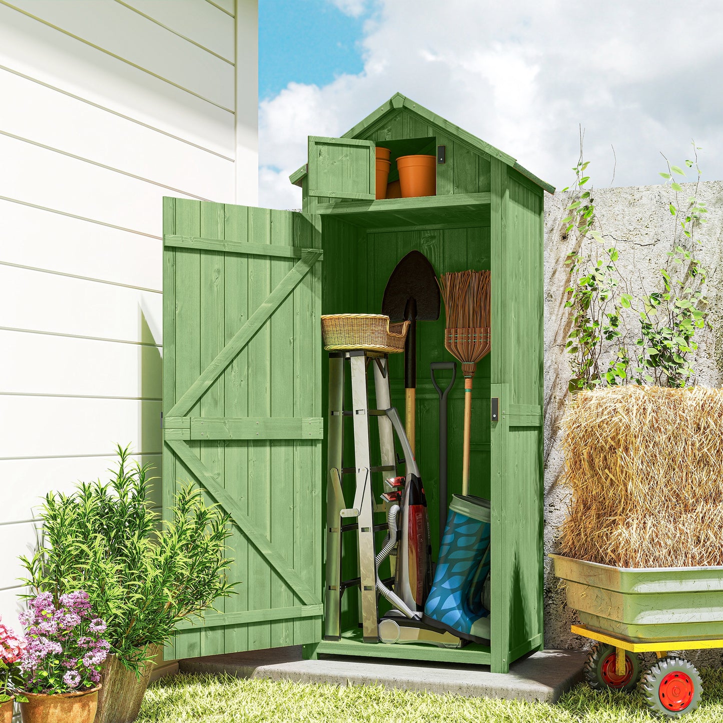 Garden Storage Shed 3 Utility Shelf Tool House W/ Asphalt Roof Lockabke Door