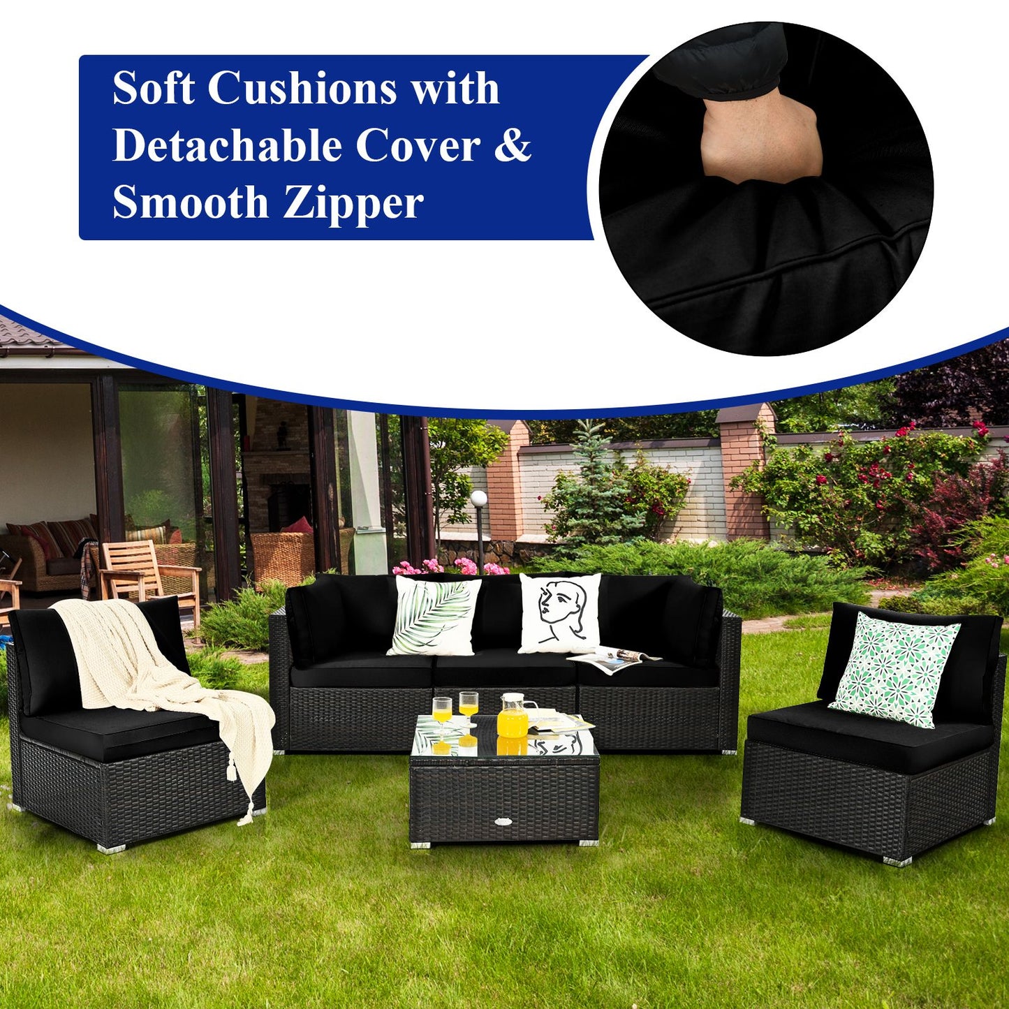 6 Piece Outdoor Rattan Sofa Set with Soft Seat and Back Cushions