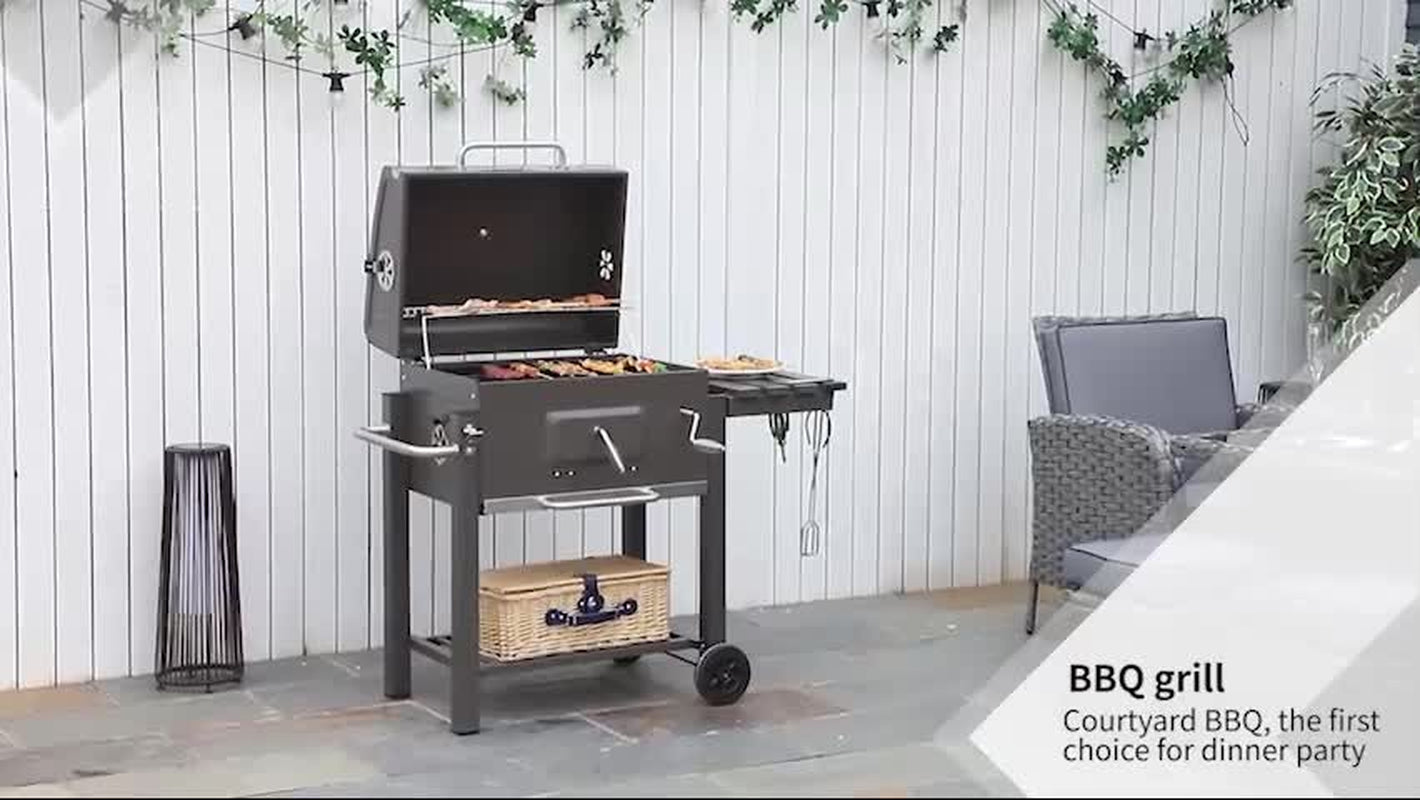 Charcoal Grill BBQ Trolley Wheels Garden Metal Barbecue W/ Shelf Grey