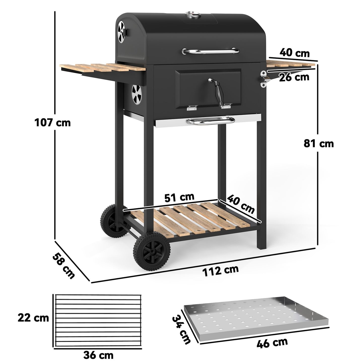 Charcoal BBQ Grill with Height Adjustable Charcoal Pan Outdoor Barbecue Smoker