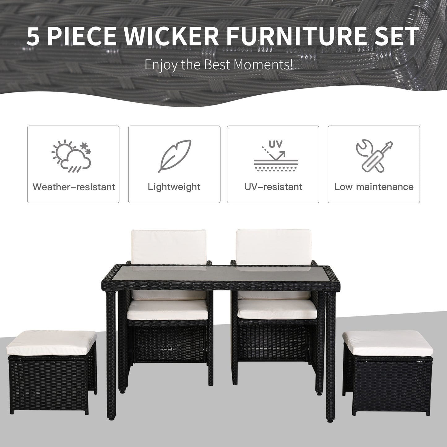 5 Pcs Rattan Garden Sofa Set Wicker Furniture Set with Cushion Footrest