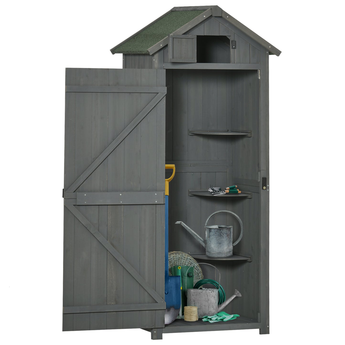 Garden Storage Shed 3 Utility Shelf Tool House W/ Asphalt Roof Lockabke Door