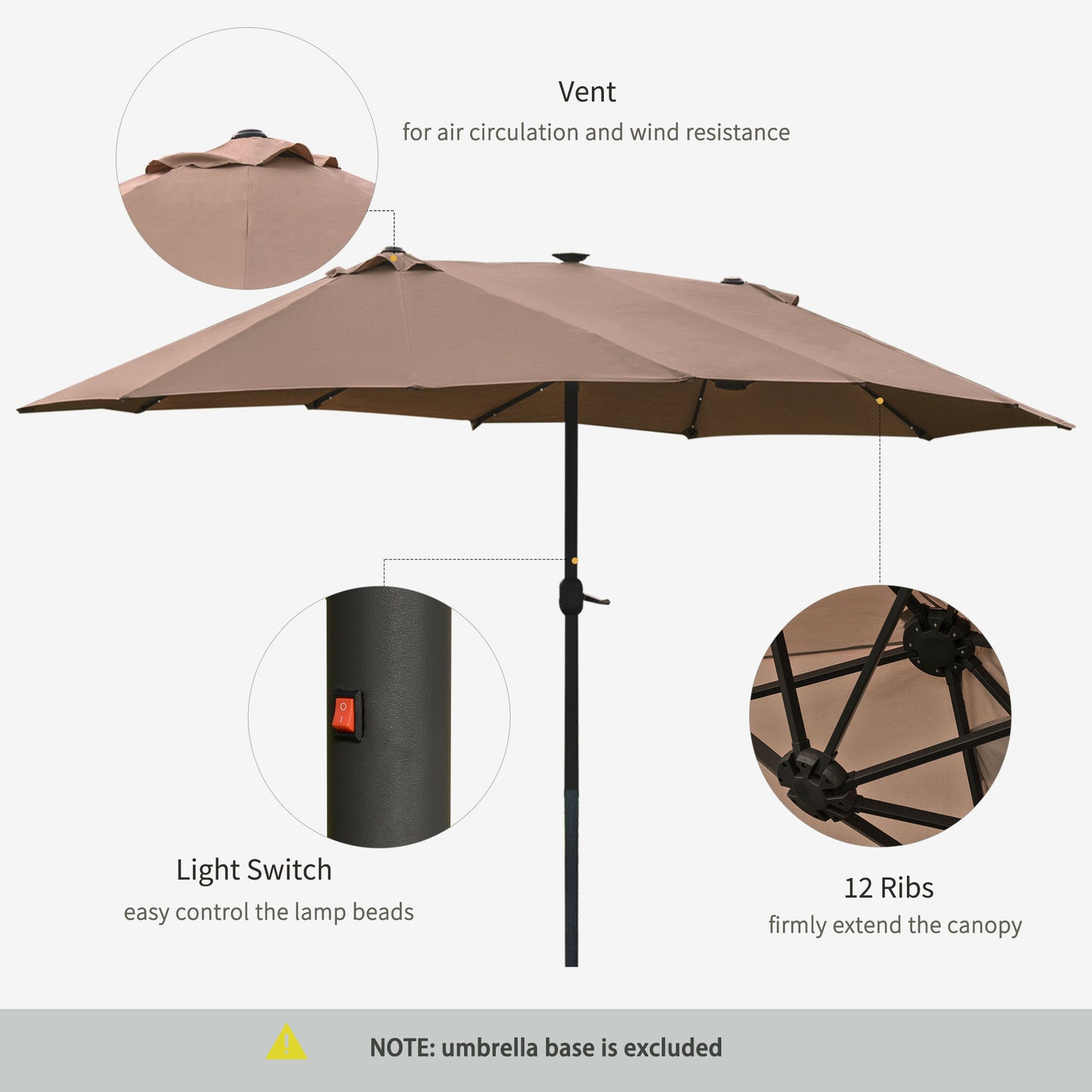 4.4M Double-Sided Sun Umbrella Patio Parasol with LED Solar Lights for Garden