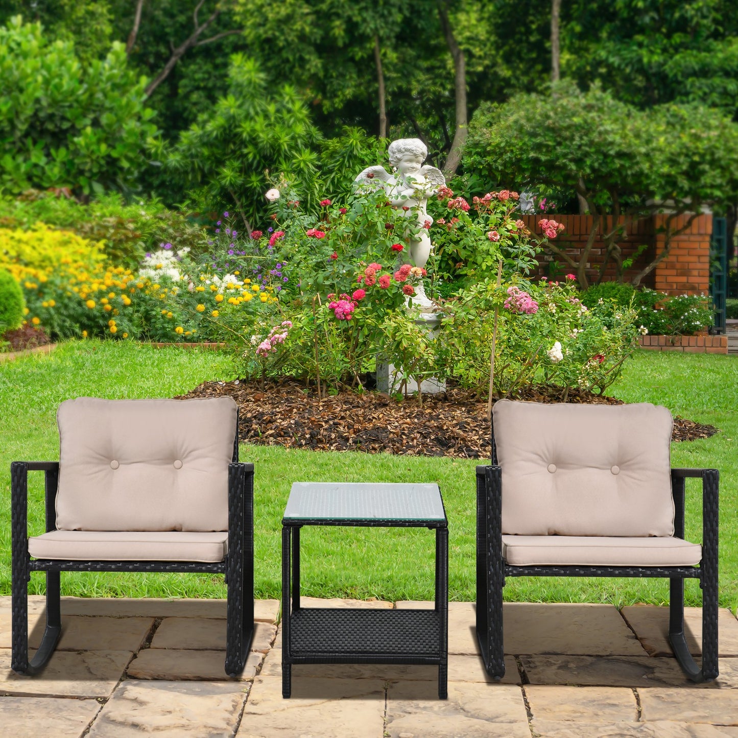 3Pcs Rattan Rocking Set Patio Bistro Table Chairs Conversation W/ Cushion