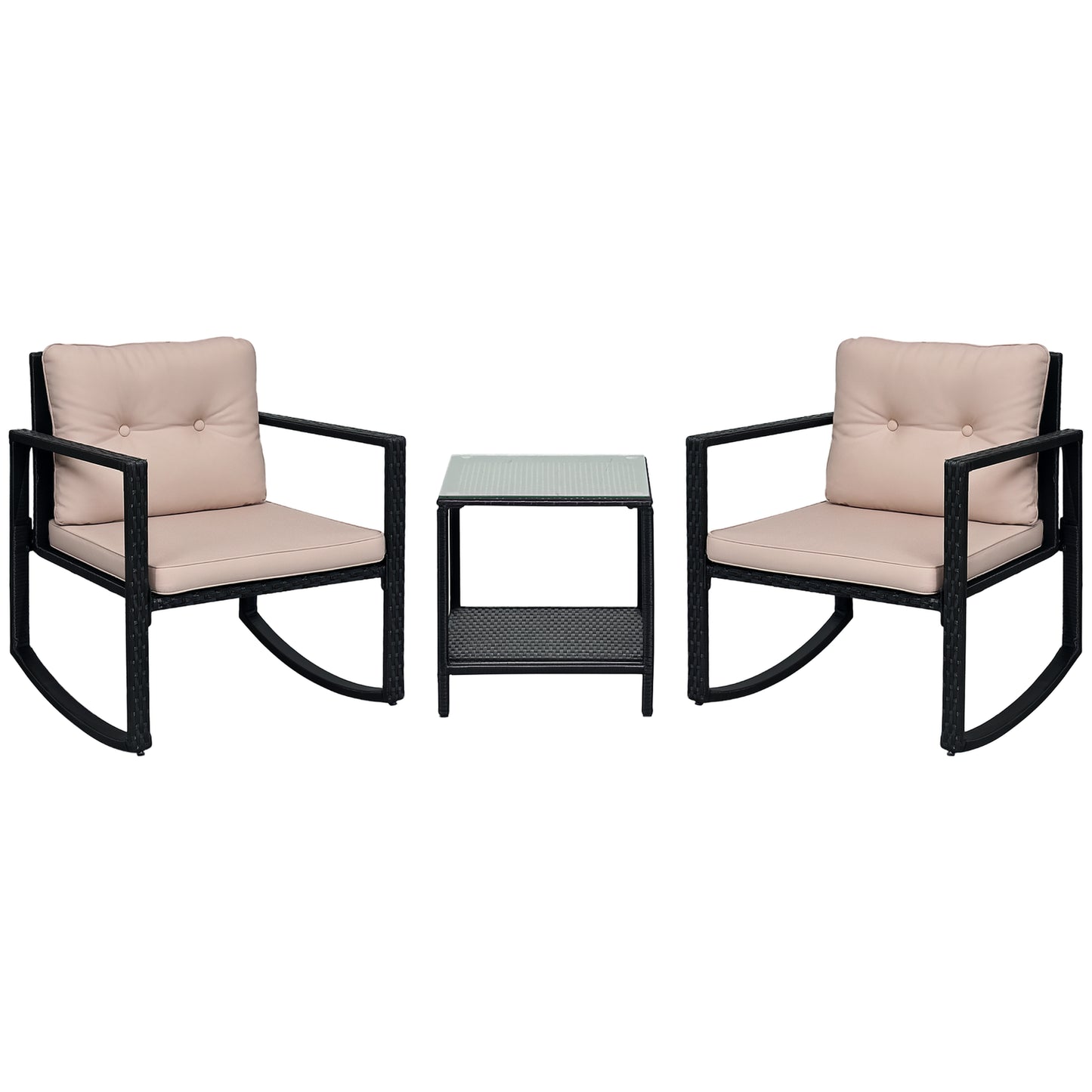 3Pcs Rattan Rocking Set Patio Bistro Table Chairs Conversation W/ Cushion