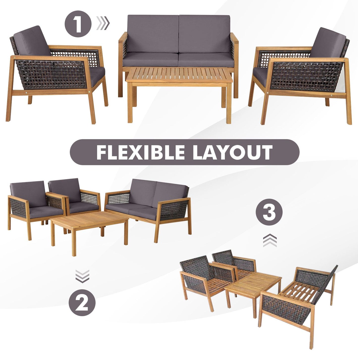 4-Piece Patio Acacia Wood Furniture Set with Removable Cushions