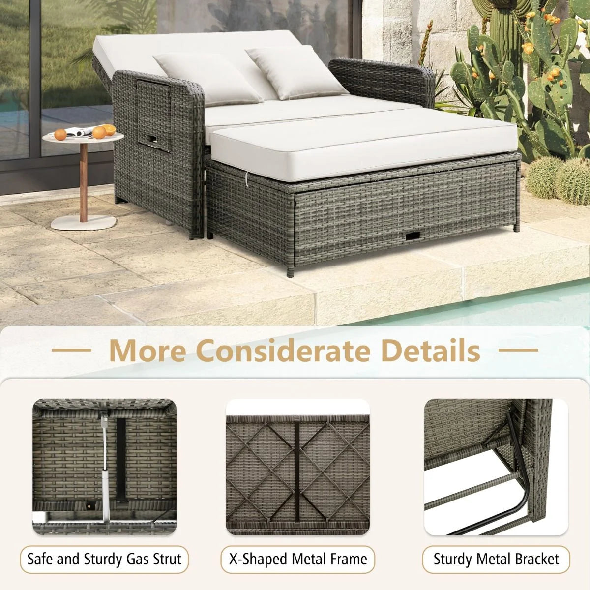 Patio Rattan Daybed Set with Multipurpose Ottoman and Retractable Side Tray
