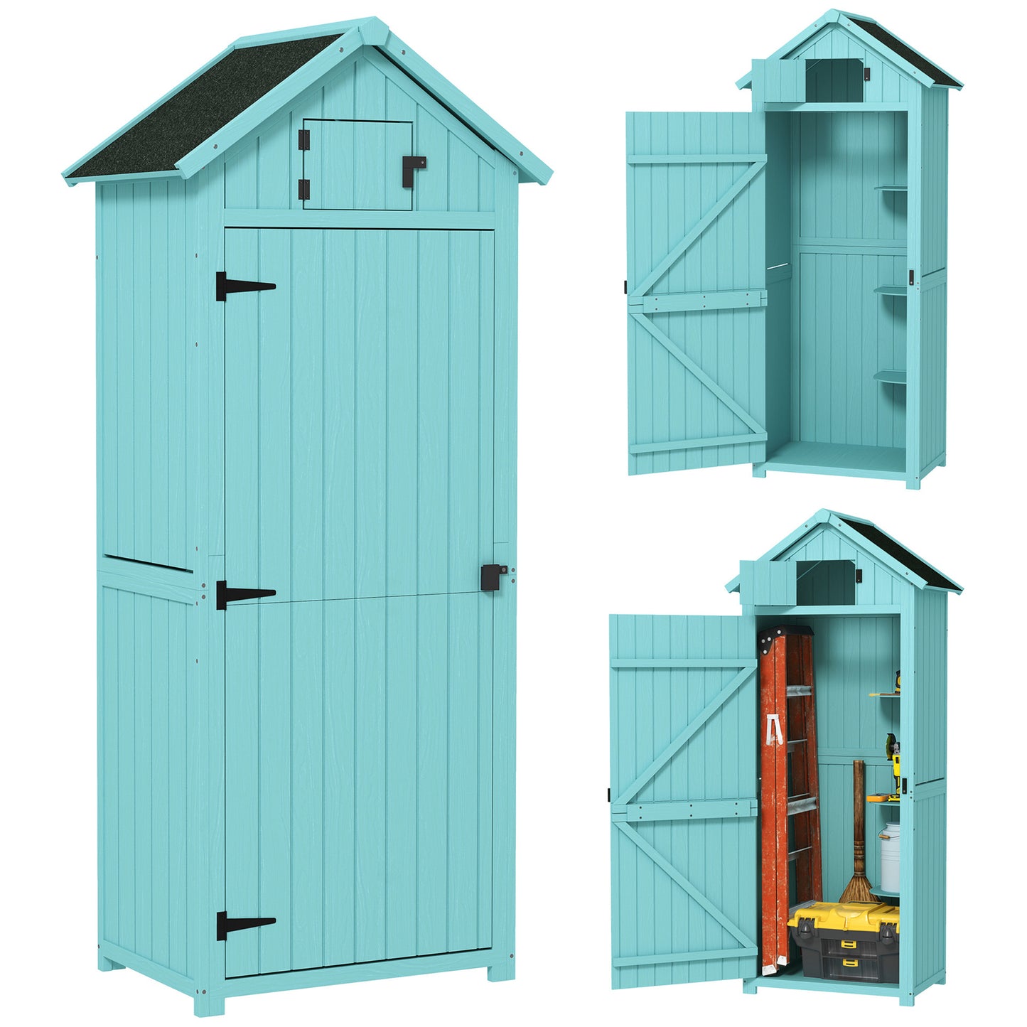 Garden Storage Shed 3 Utility Shelf Tool House W/ Asphalt Roof Lockabke Door