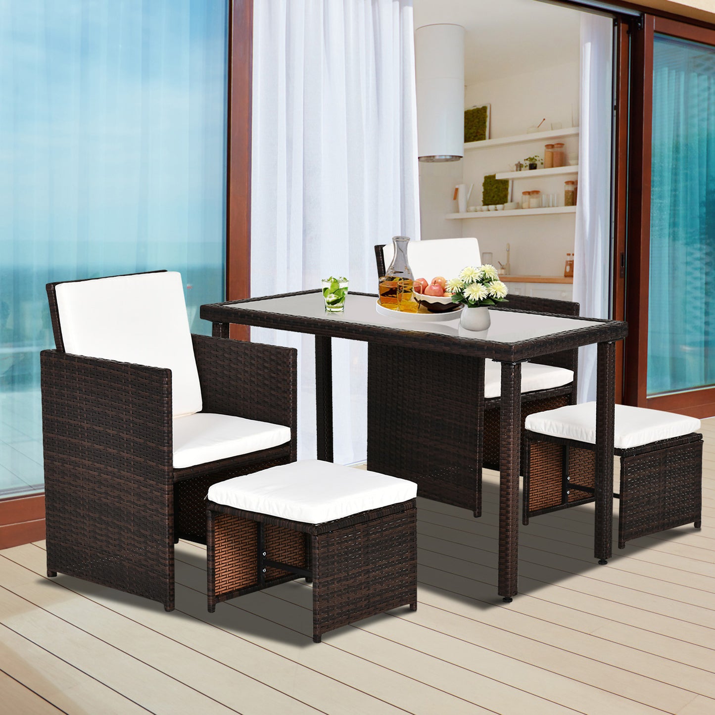 5 Pcs Rattan Garden Sofa Set Wicker Furniture Set with Cushion Footrest