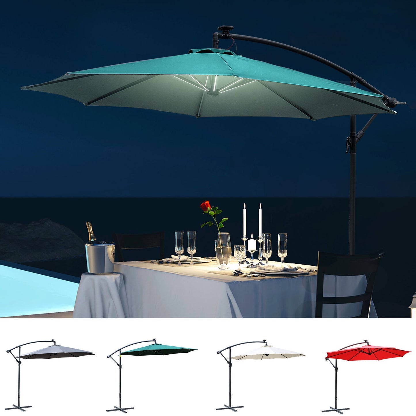 3(M) LED Patio Banana Umbrella Cantilever Parasol W/ Solar Lights Crank Handle