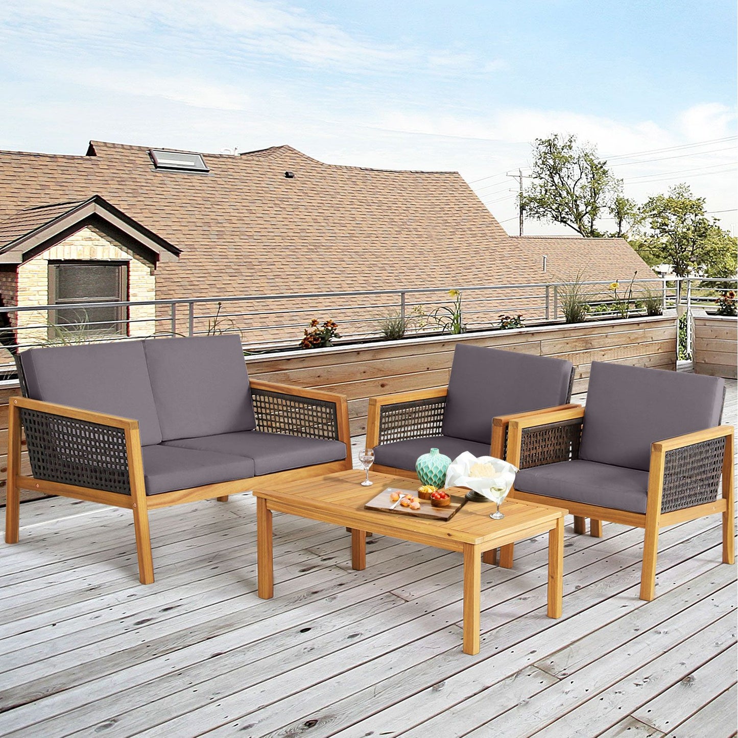 4-Piece Patio Acacia Wood Furniture Set with Removable Cushions