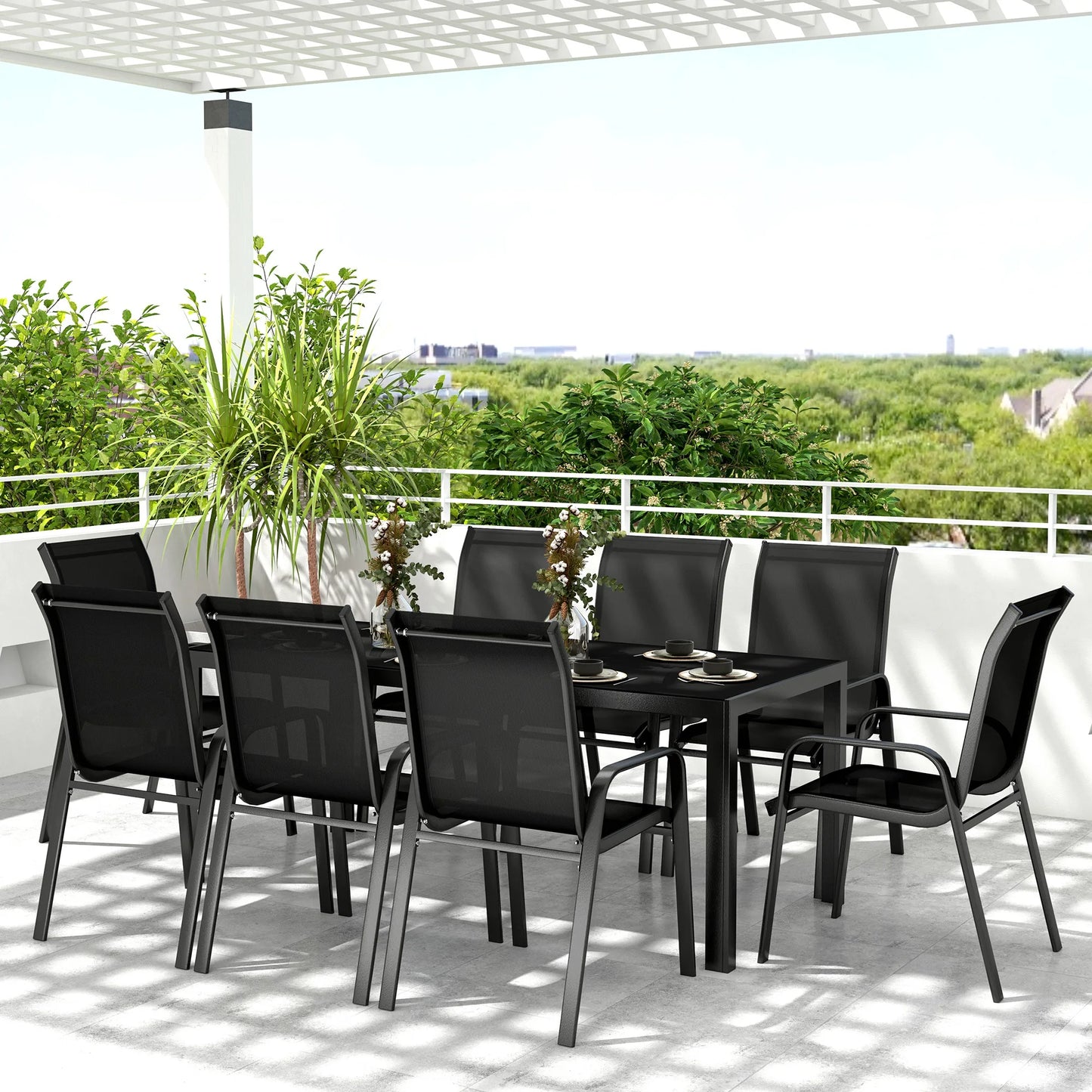 8 Seater Garden Dining Set with Stacking Chairs, Rectangular Tempered Glass Top, Garden Furniture Set, Black