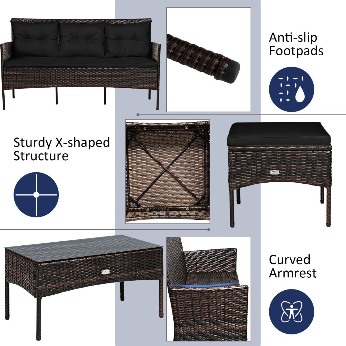 4 Seater Rattan Garden Furniture Set with Cushioned Sofa