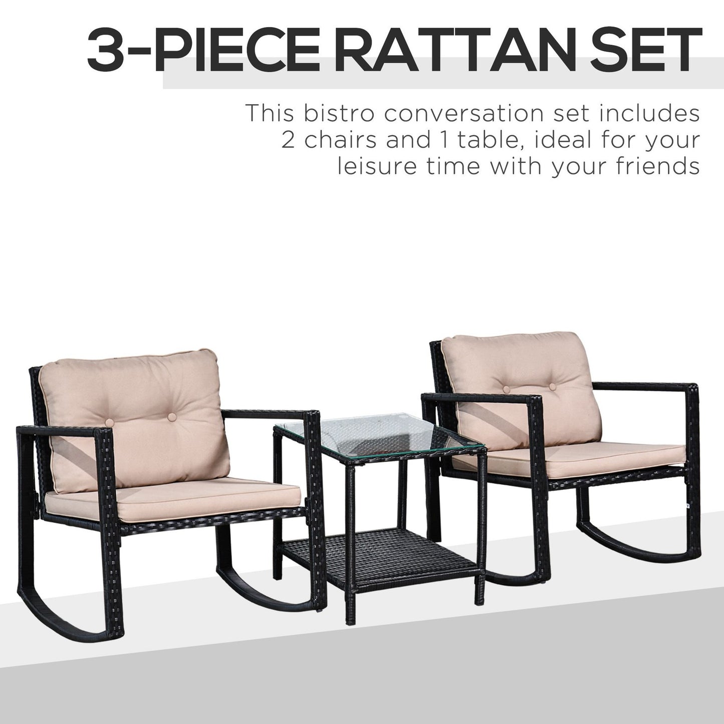 3Pcs Rattan Rocking Set Patio Bistro Table Chairs Conversation W/ Cushion