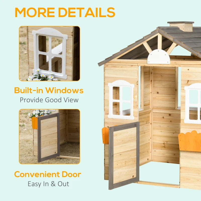 Outsunny Wooden Kids Playhouse Outdoor Garden Games Cottage, Windows, Bench, Service Stations, Flowerpot Holder