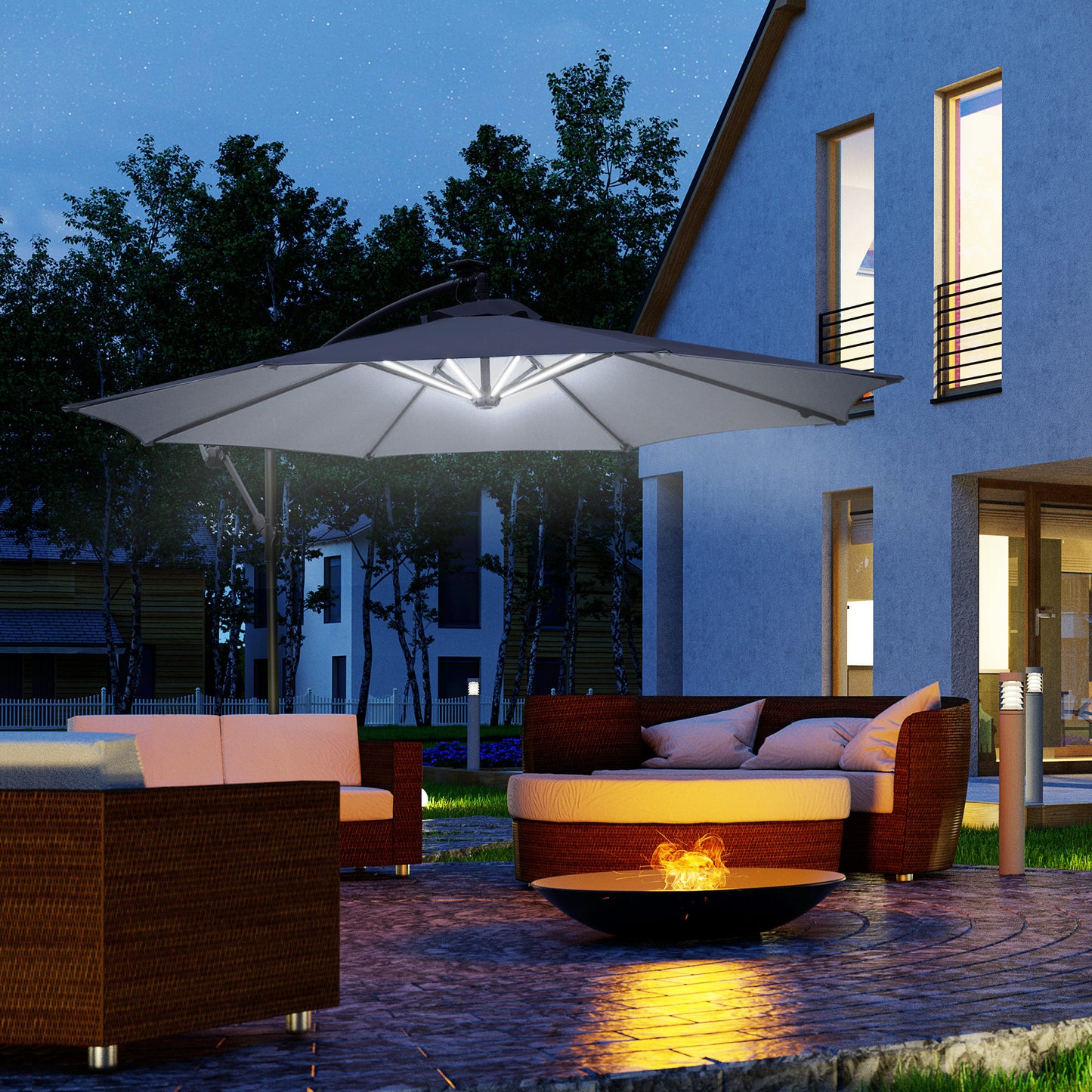 3(M) LED Patio Banana Umbrella Cantilever Parasol W/ Solar Lights Crank Handle