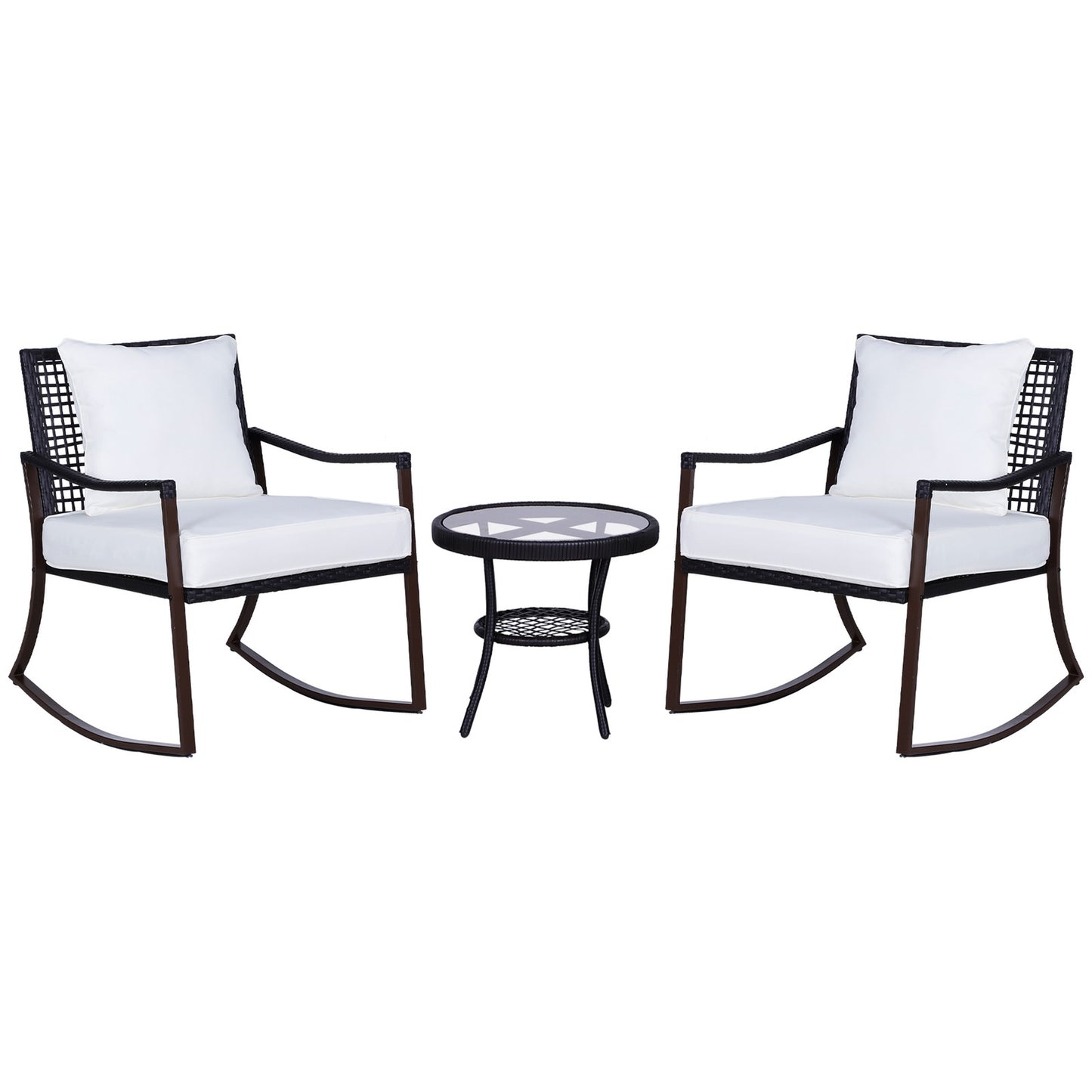 3 Pieces Rocking Chair Bistro Set Furniture Coffee Table Rattan Wicker Brown