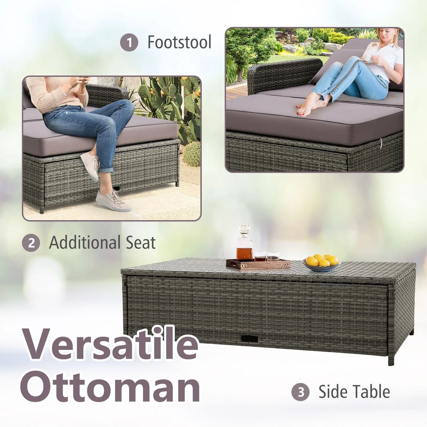 Patio Rattan Daybed Set with Multipurpose Ottoman and Retractable Side Tray