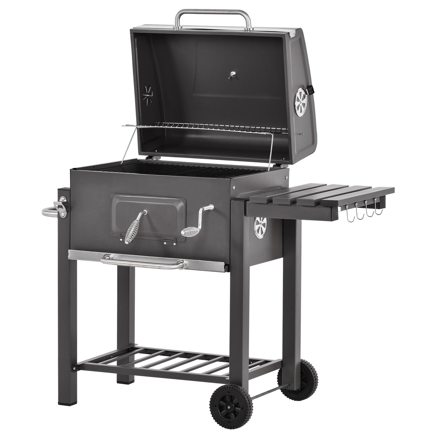 Charcoal Grill BBQ Trolley Wheels Garden Metal Barbecue W/ Shelf Grey